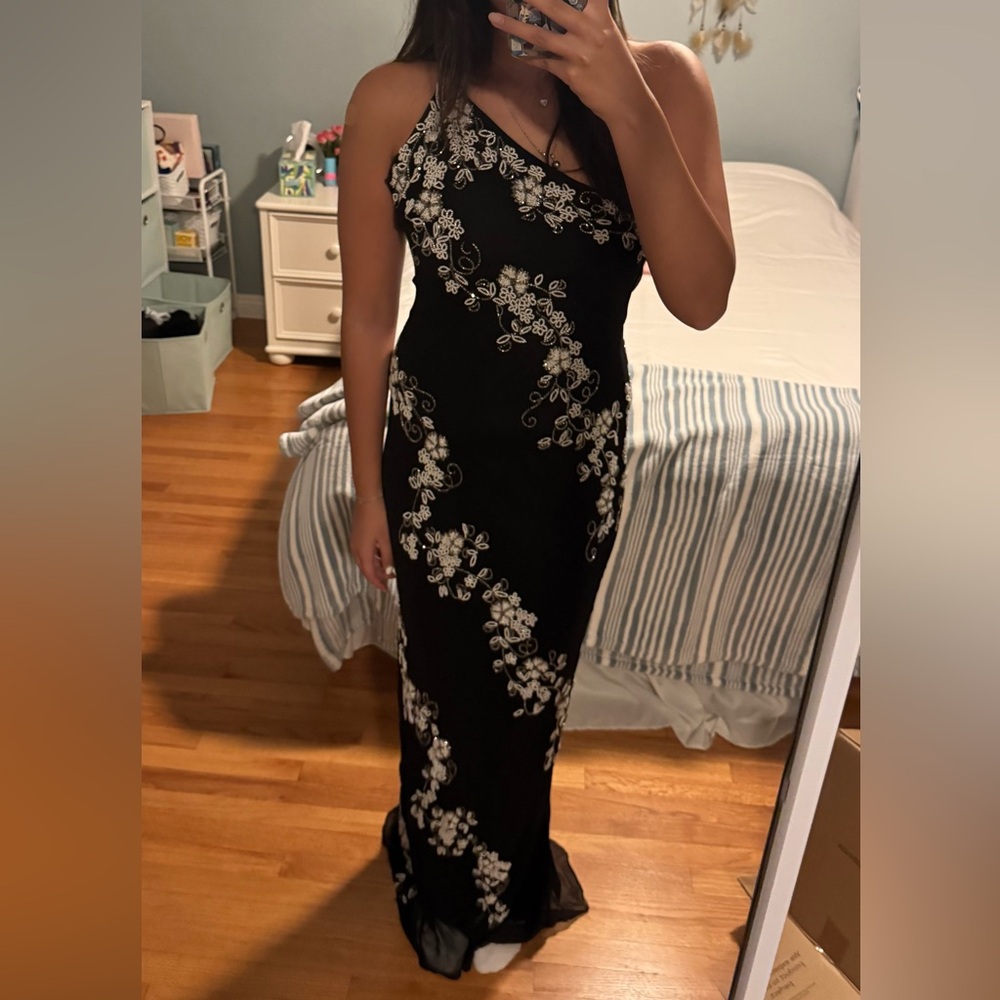 Scala Black One Shoulder Dress with White Floral Design